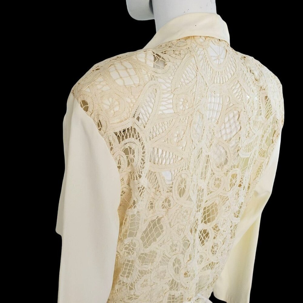Vintage Lace Back Waterfall Jacket Sz M Cream Drape Open Front Long Slv Evening